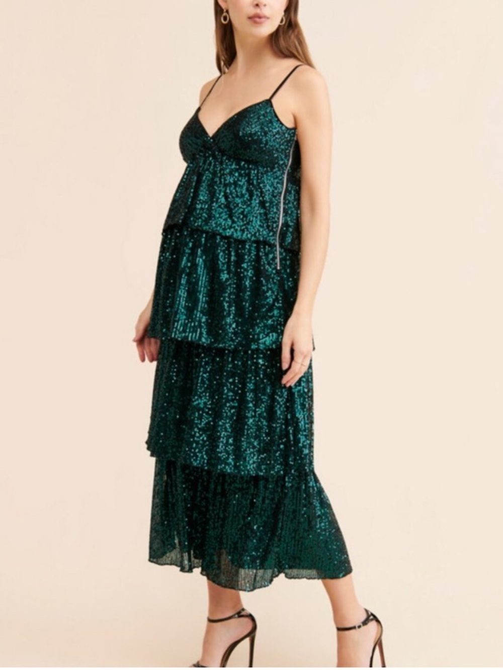 SAYLOR Dark Green Maternity Finlee Sequin Midi Dress Size M 38748